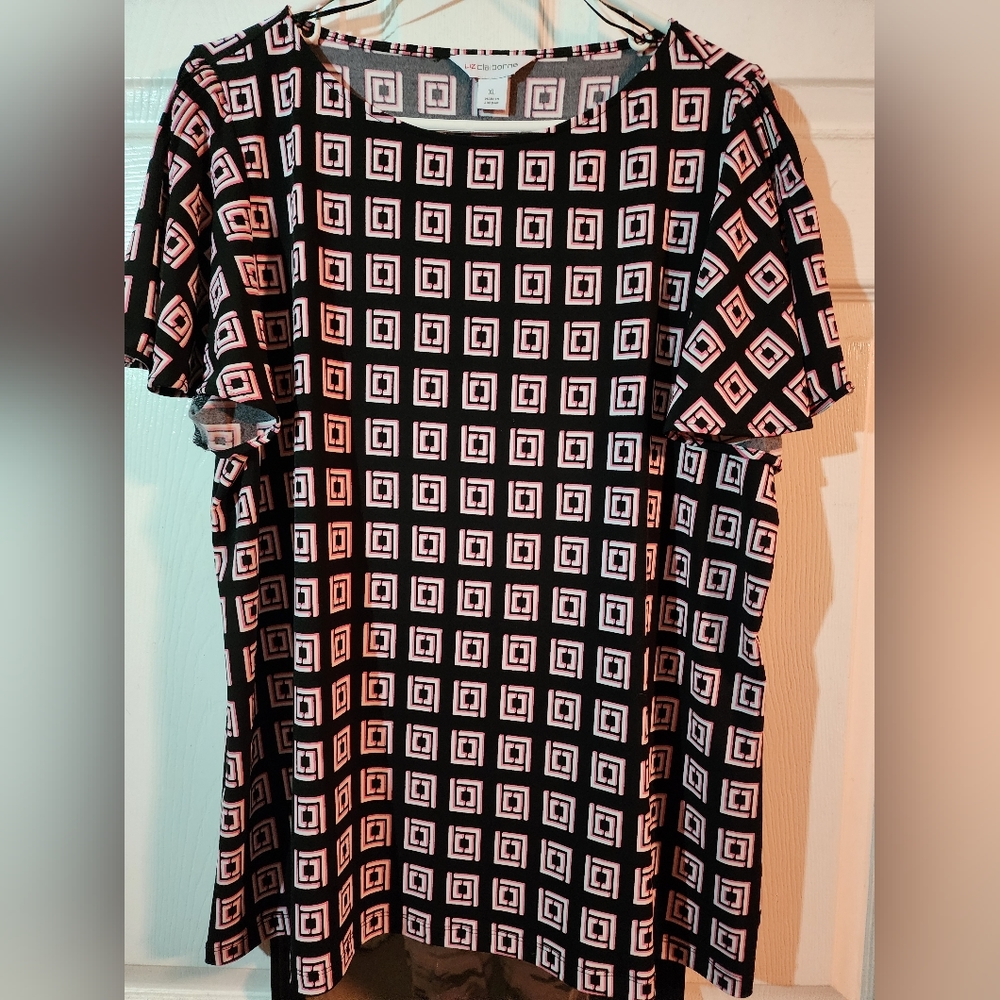 Liz Claiborne navy blouse with pink and white design.